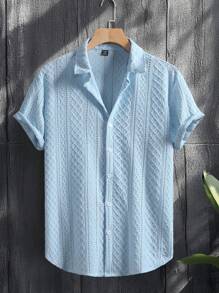 VENTUSAIL Camisa de manga corta de unicolor y textura casual para vacaciones de hombre - Azul - Ver 4