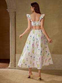 MOTF PREMIUM 花卉印花荷叶边连衣裙 - 白色 - 查看 4