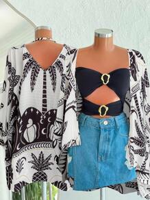 Flirla Plus Size Digital Print Open Front Cardigan, Vacation Clothing For Women - Multicolor - View 1