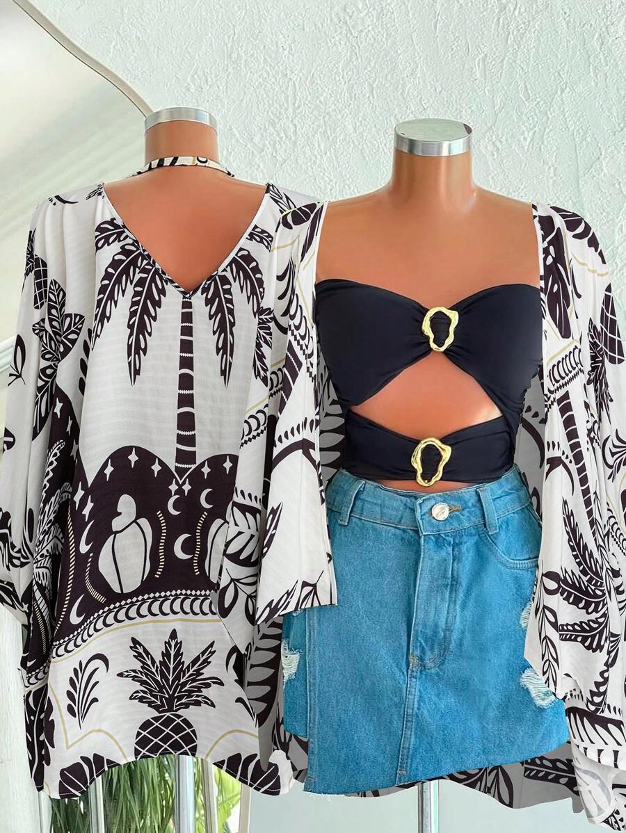 Flirla Plus Size Digital Print Open Front Cardigan, Vacation Clothing For Women - Multicolor - View 1