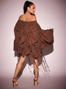 Vixey Off Shoulder Drawstring Detail Balloon Sleeve Boho Dress, Boho Women Clothing, Spring Dress, Summer Dress, Fall Outfits, Fall Clothes For Women,