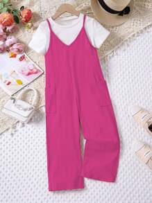 SHEIN Young Girl Summer Casual Solid Color Dual Pocket Jumpsuit - Hot Pink - View 1