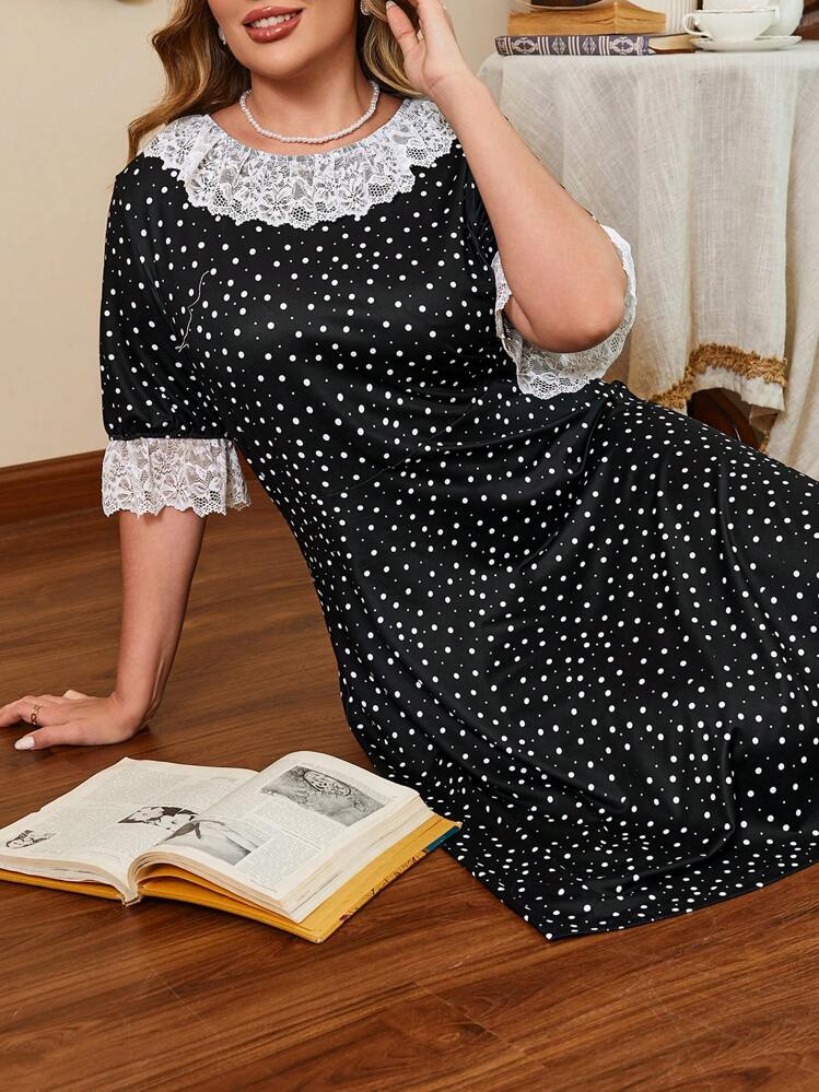 Côtesoire Plus Size Women Dot & Contrast Color Lace Trim Round Neck Short Sleeve Nightgown Babydoll Holiday Season - Multicolor - View 5