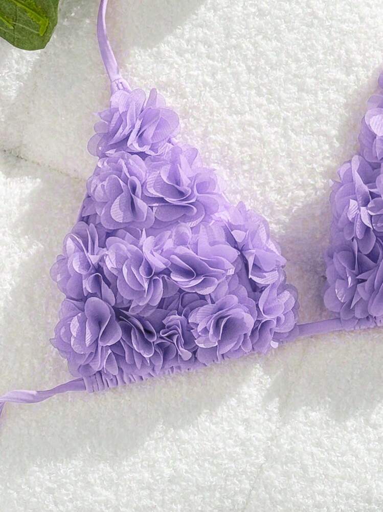 Swim Chiccia 女士沙滩装：2 件套泳衣套装，纯色优雅露背领口，细肩带，3D 花卉装饰，休闲假日风格 - 紫色 - 查看 3