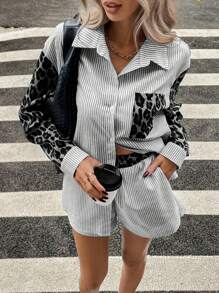 Siren Gaze Bộ áo sơ mi dài tay kẻ sọc họa tiết da báo cho nữ và quần short, Bộ áo sơ mi 2 món tối giản cổ điển cho nữ, Quần short kẻ sọc cho nữ, Áo sơ mi nữ, Áo cánh phong cách đường phố, Áo sơ mi họa tiết da báo - Đen và trắng - Xem 3
