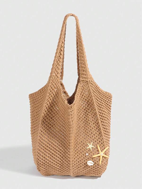 ROMWE Fairycore 1pc Tropical Shiny Hollow Out Knitted Tote Bag, Beach Vacation Style Shoulder Bag