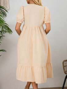 SHEIN Váy bà bầu tay bồng ngắn kẻ sọc nơ - Màu vàng - Xem 2