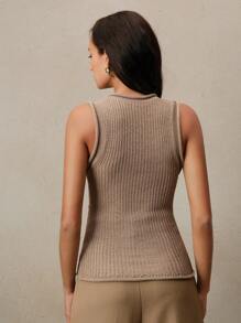Anewsta Summer Cool Thick Knit Hollow-Out Metal Mirrored Beaded Rolled Hem Vest - Khaki - View 2