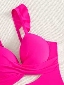 Swim DD+ 女士时尚纯色 DD 罩杯性感交叉前带飞边文胸，夏季 - 玫紅色 - 查看 6