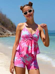 青少年花卉印花两件套泳衣