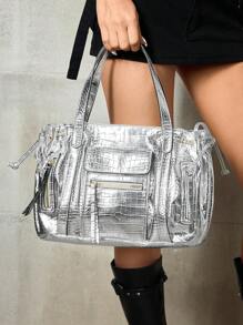 SHECARRY Women's Fashion Personalized Y2K Motorcycle Style Zipper Decor Handbag - Bright silver - View 3