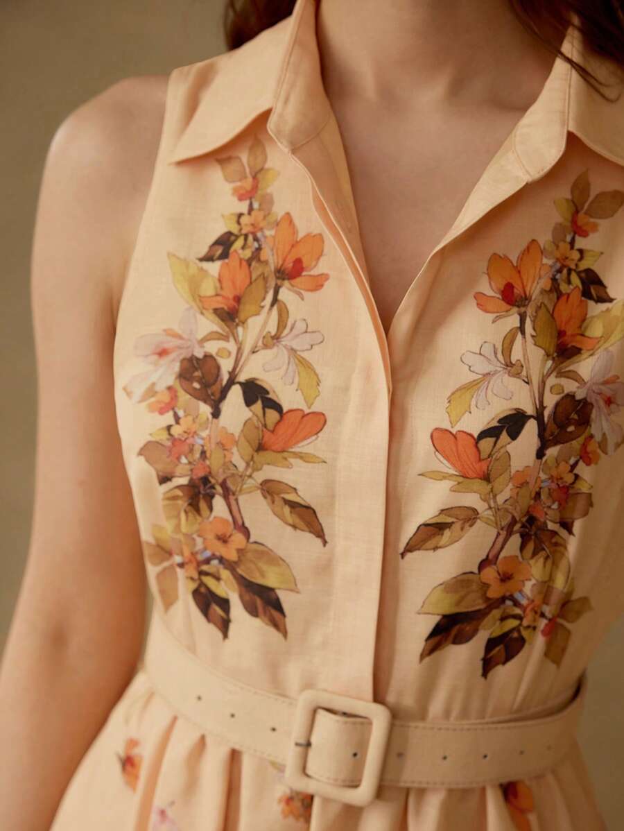 MOTF PREMIUM VESTIDO ESTAMPADO FLORAL CON CINTURÓN - Naranja - Ver 2