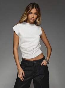 MISSGUIDED Asymmetric Cap Sleeve Mock Neck Crop Top Ruched Side Detail Sleeveless Summer Spring Fashion Essential Basic Versatile - White - View 1