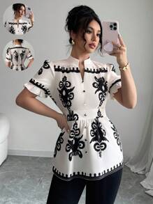 SHEIN Unity Women's V-Neck Printed Shirt With Ruffle Cuffs And Matching Button Decoration, Casual Vacation Style - Multicolor - View 3