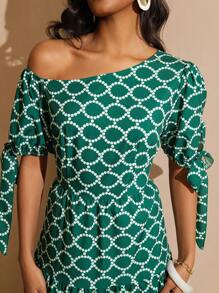 Vesra 女士几何印花灯笼袖蝴蝶结不对称连衣裙