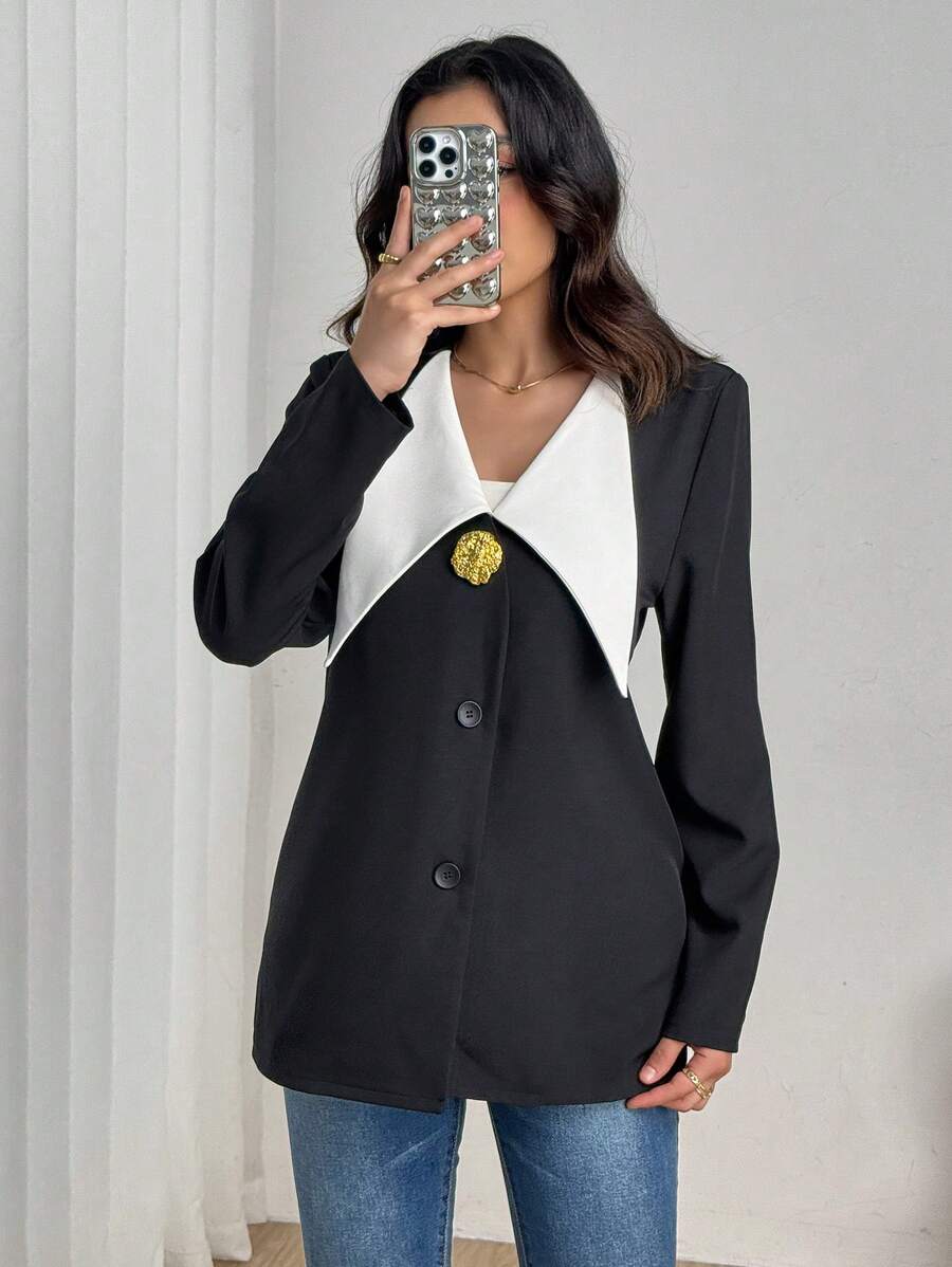 Modelyn Stylish Black Suit With Metallic Buckle Detail - Black - View 1