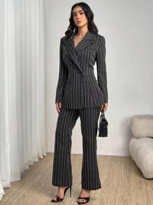 Modelyn Bộ 3 bộ vest ống rộng màu xanh nhạt dành cho nữ, trang phục sọc giản dị thanh lịch - màu đen - Xem 3