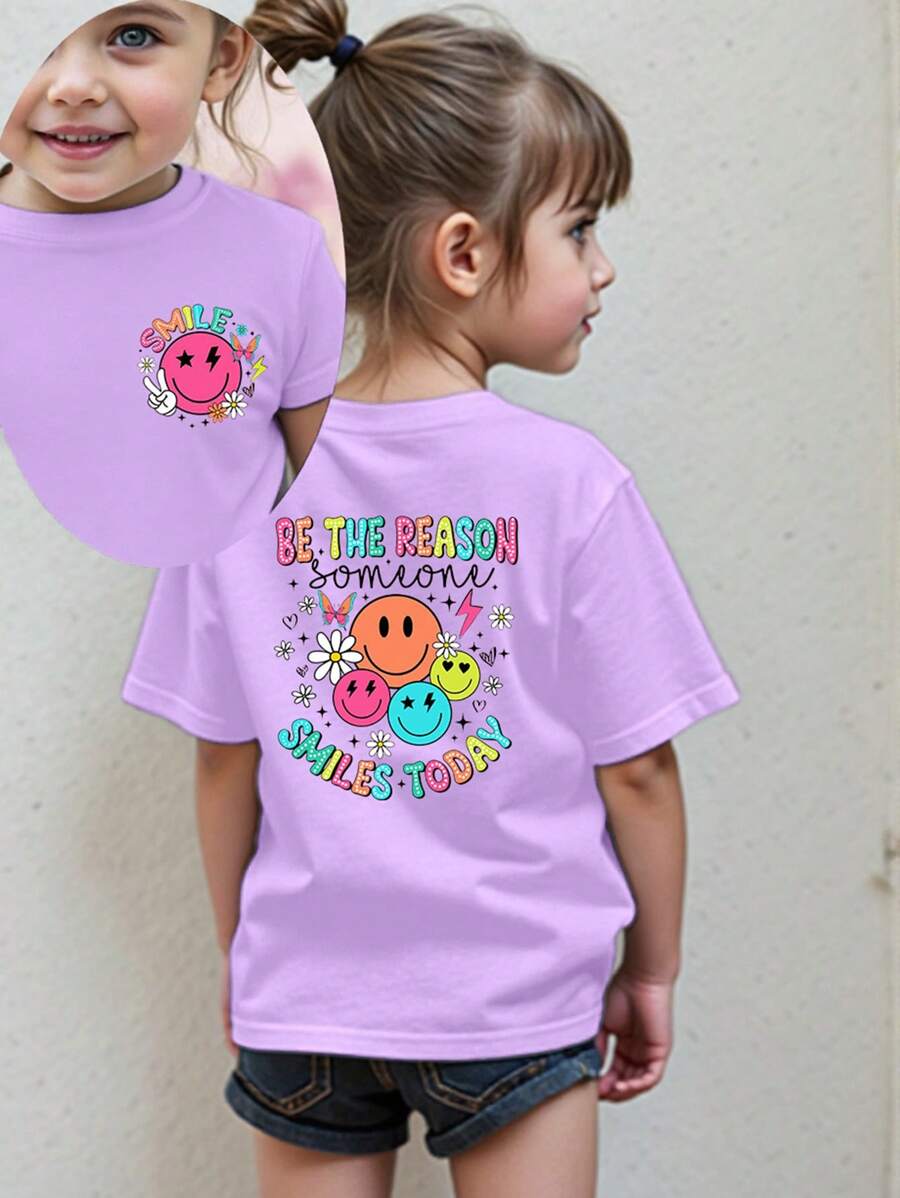 SHEIN Young Girl Casual Minimalist Pattern Round Neck Short Sleeve T-Shirt, Suitable For Summer - Purple - View 1