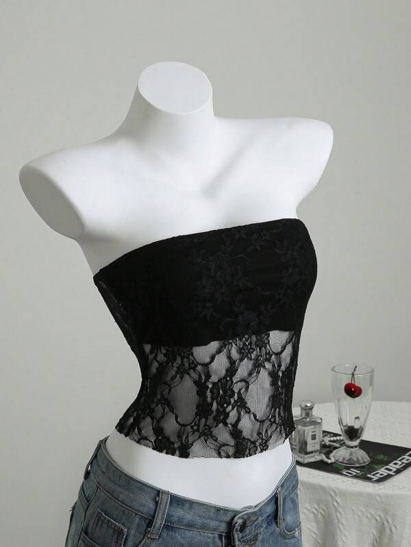 Elamini Țesătură albă din dantelă florală cu căptușeală încorporată Top crop transparent, strâns, elegant și dulce, potrivit pentru vacanța de vară