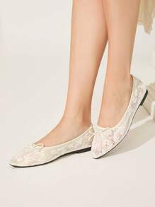 CUCCOO HITCHD 2026 Nouvelles Arrivées Printemps/Automne Style Mariage Décor nœud Couleur Unie Bout Carré Maille Respirante Confortable Chaussures Plates Décontractées - Nude - Voir 9