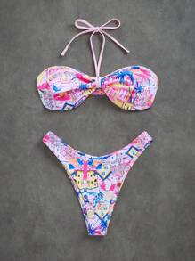 Swim Mod Women's Summer Beach Palm Tree Print Halter Tie-Up Sexy Bikini Set - Multicolor - View 1