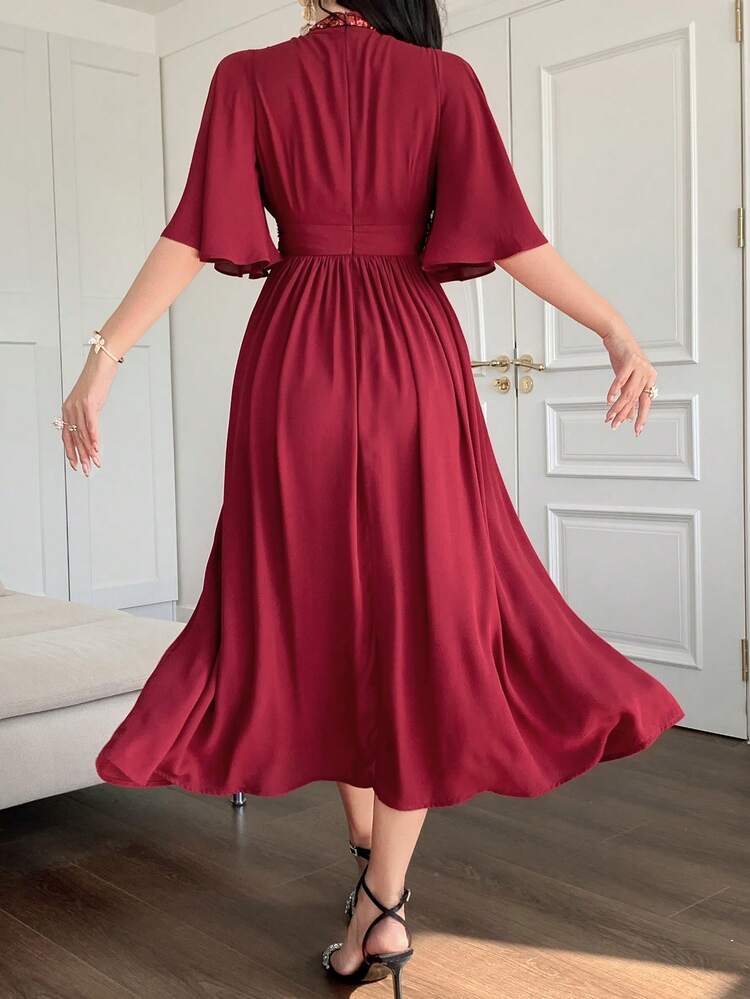 Solid Color Stand Collar Ruffle Sleeve Pleated Women's Mid-Long Dress Red Women Dress