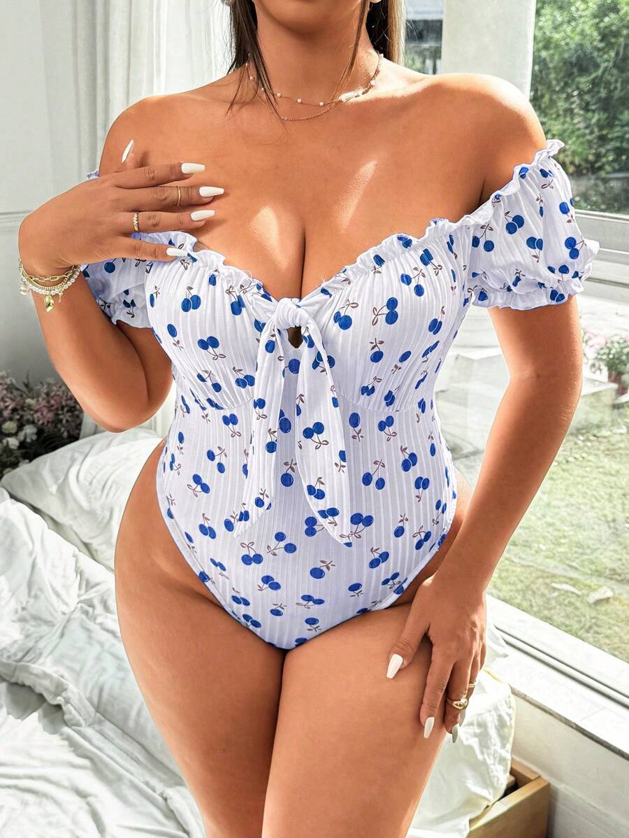 Flirla 大码樱桃印花前结短袖紧身衣 - 藍色 - 查看 1