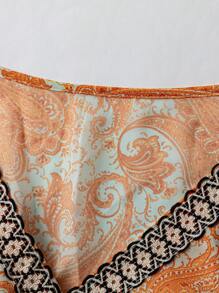 Flirla Plus Size Boho, Vacation, Going Out Tops, Elegant, Vintage V-Neck Patchwork Contrast Color Ribbon Ruffle Batwing Sleeve Floral Chiffon Blouse For Women, Summer - Multicolor - View 4