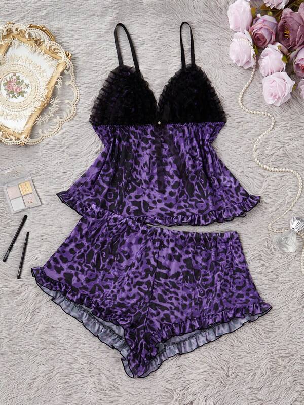 SilkySpell Plus Size Leopard Print Ruffle Trim Mesh Camisole & Shorts Pajama Set