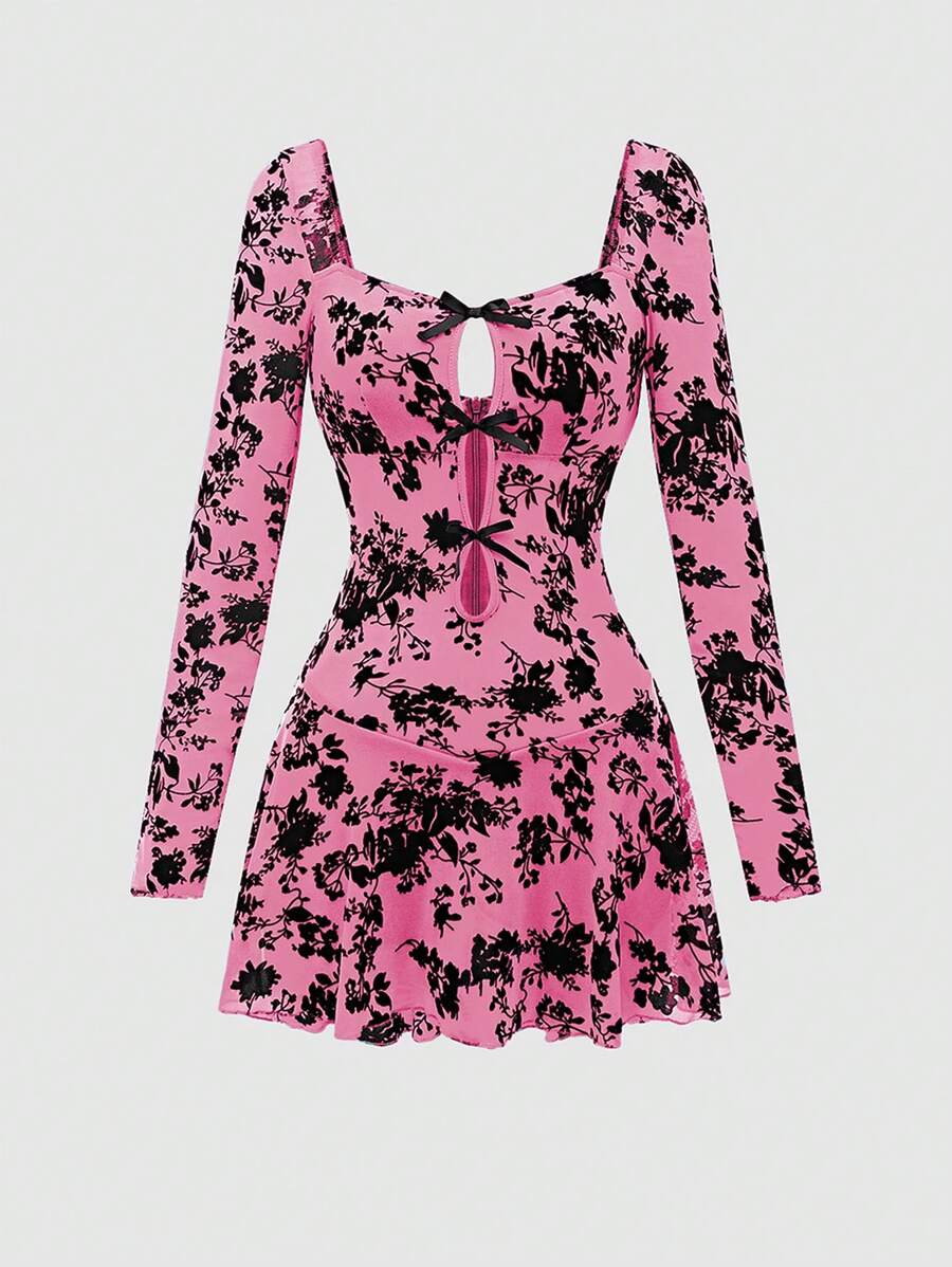 EgrlEra 女士性感派对植绒网眼花卉印花纯色长袖紧身连衣裙 - 粉色 - 查看 1