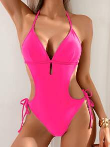 Bộ đồ bơi liền mảnh gợi cảm màu trơn bán chạy nhất cho bãi biển và mùa hè - Màu Hồng Tươi - Xem 3