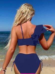 Swim Vcay Ruffled Edge Swimsuit, Fashionable For Summer - Navy Blue - View 2