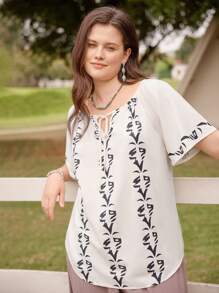 LanaWest Conjunto de top y pantalones de talla grande con cuello redondo y estampado de plantas - Multicolor - Ver 6
