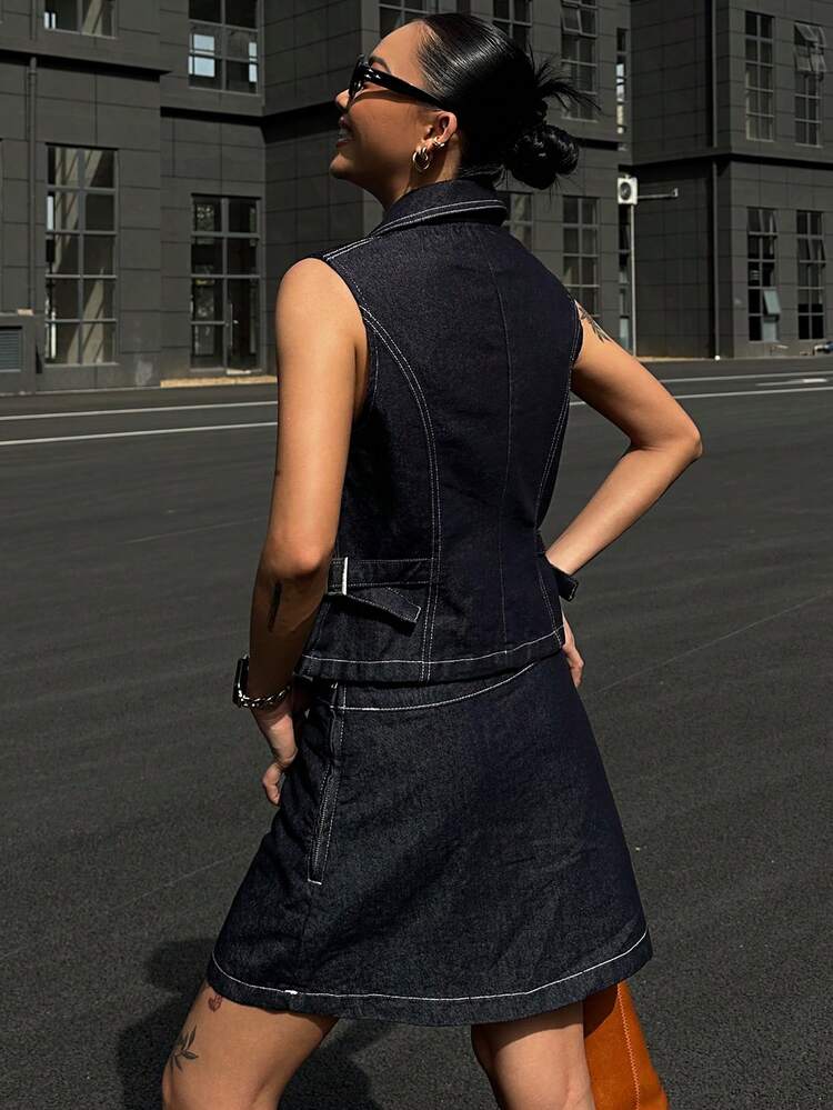 Western Cowgirl Contrast Stitch Slim Fit Zip-Up Sleeveless Jacket & A-Line Mini Skirt Summer Casual 2pcs Denim Outfit For Women