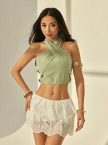 SHEIN PETITE Women's Casual Solid Color Criss-Cross Halter Top - Green - View 7