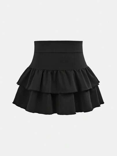 SHEIN Girlism 女童纯色针织可爱荷叶边多层内置短裤迷你裙，Y2K 时尚