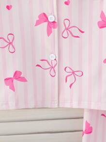 Young Girl Pajamas Set: Pink Bow Collar Long Sleeve Top & Pants Casual Comfortable 2 Pieces Loungewear, Mommy And Me Matching Outfits (Sold Separately In Sets Of 3) - Pink - View 5