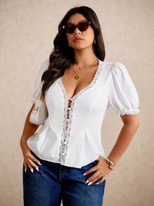 Elaquor Plus Size Elegant Solid Color Lace Ruffled Puff Sleeve Blouse For Summer