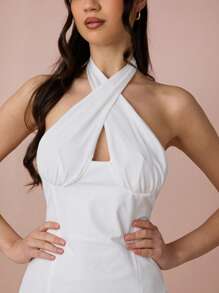 Enchnt 春夏浪漫女式白色露背交叉挂脖背心，性感优雅时尚，适合度假、约会、节日、派对、毕业典礼、婚礼宾客、海滩、音乐会节女士、复活节、女士夏季上衣、夏季 - 白色 - 查看 2