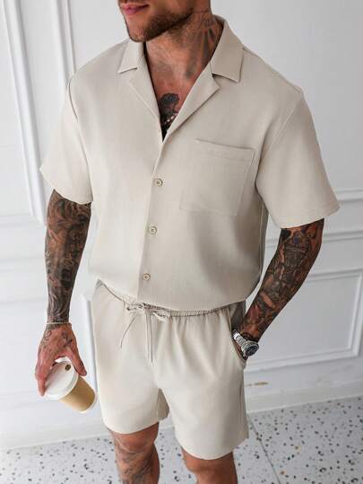 Manfinity Homme 男士休闲纯色短袖衬衫+抽绳短裤套装