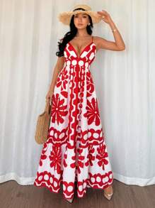 Chiquease Vestito elegante a scollatura profonda a V con stampa floreale per donna