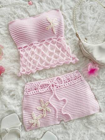 Sweetina 2pcs Summer Going Out Beach Hawaii Cute Women Two Pieces Outfits And Sweater Shorts For Daily Wear Crochet Set Island Vacation Outfits