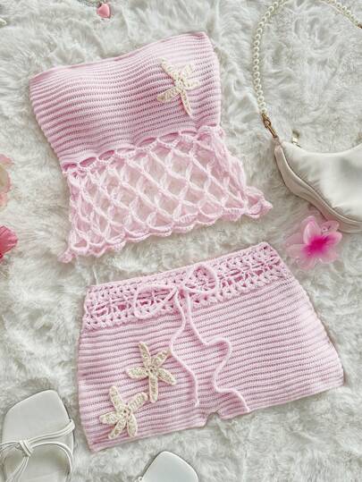 Sweetina 2 piezas Conjunto de salida de verano para playa y Hawái, adorable conjunto para mujer de top y pantalones cortos de punto para uso diario