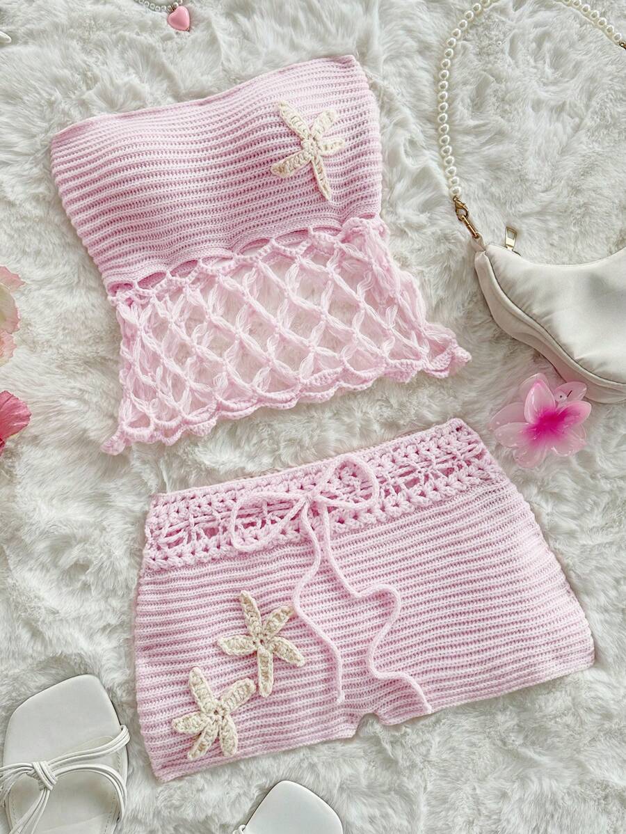 Sweetina 2 件夏季外出海滩夏威夷可爱女士两件套服装和毛衣短裤适合日常穿着钩针套装 - 珊瑚粉 - 查看 1