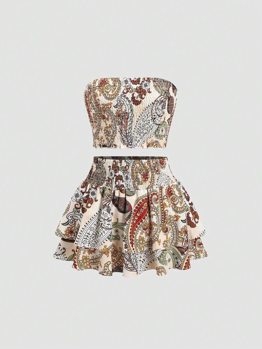 Sweetra Bộ đồ hai mảnh thêu họa tiết da báo và chân váy nhiều lớp Y2K Outfit - Màu be - Xem 1