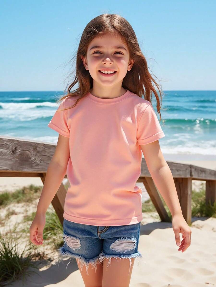 SHEIN Elladie kids Young Girl Round Neck Short Sleeve Basic Pink T-Shirt Young Girls T Shirt Young Girls Summer Girls Plain T Shirts - Pink - View 1
