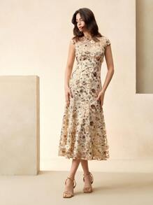 Anewsta 优雅香槟色女式连衣裙，花卉刺绣网眼度假装，闪亮亮片短袖派对礼服，春夏装 - 香檳色 - 查看 6