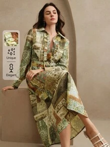 Anewsta Elegant Vacation Style Geometric Print Collar Shirt Dress, Spring - Multicolor - View 1