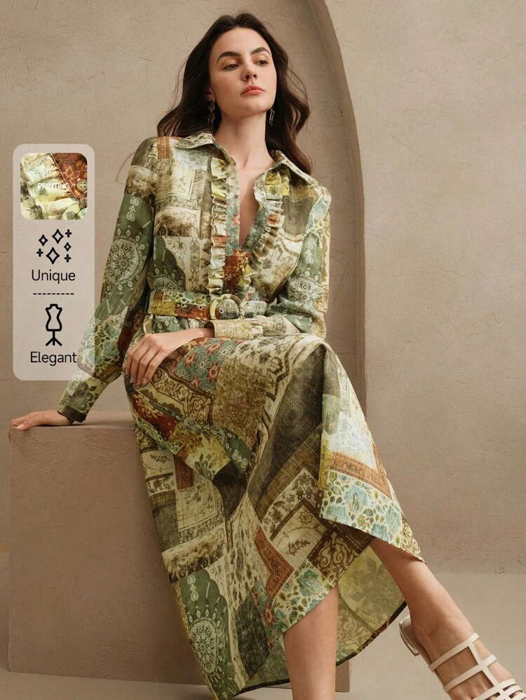 Elegant Vacation Style Geometric Print Collar Shirt Dress, Spring