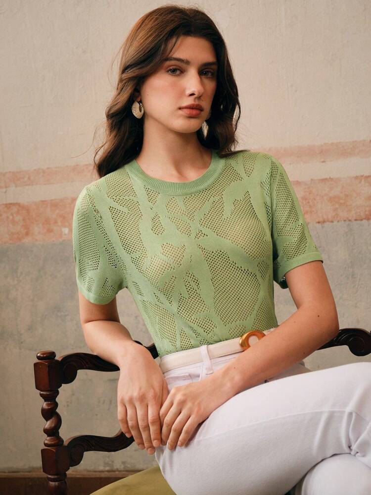 Tricot ajouré vert semi-transparent col rond pour femmes, idéal pour les vacances à la plage